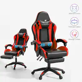 COQOOL - Gaming Chair with Footrest, Ergonomic Reclining Gamer Chair with Lumbar Support & Massage, Adjustable Headrest - Red