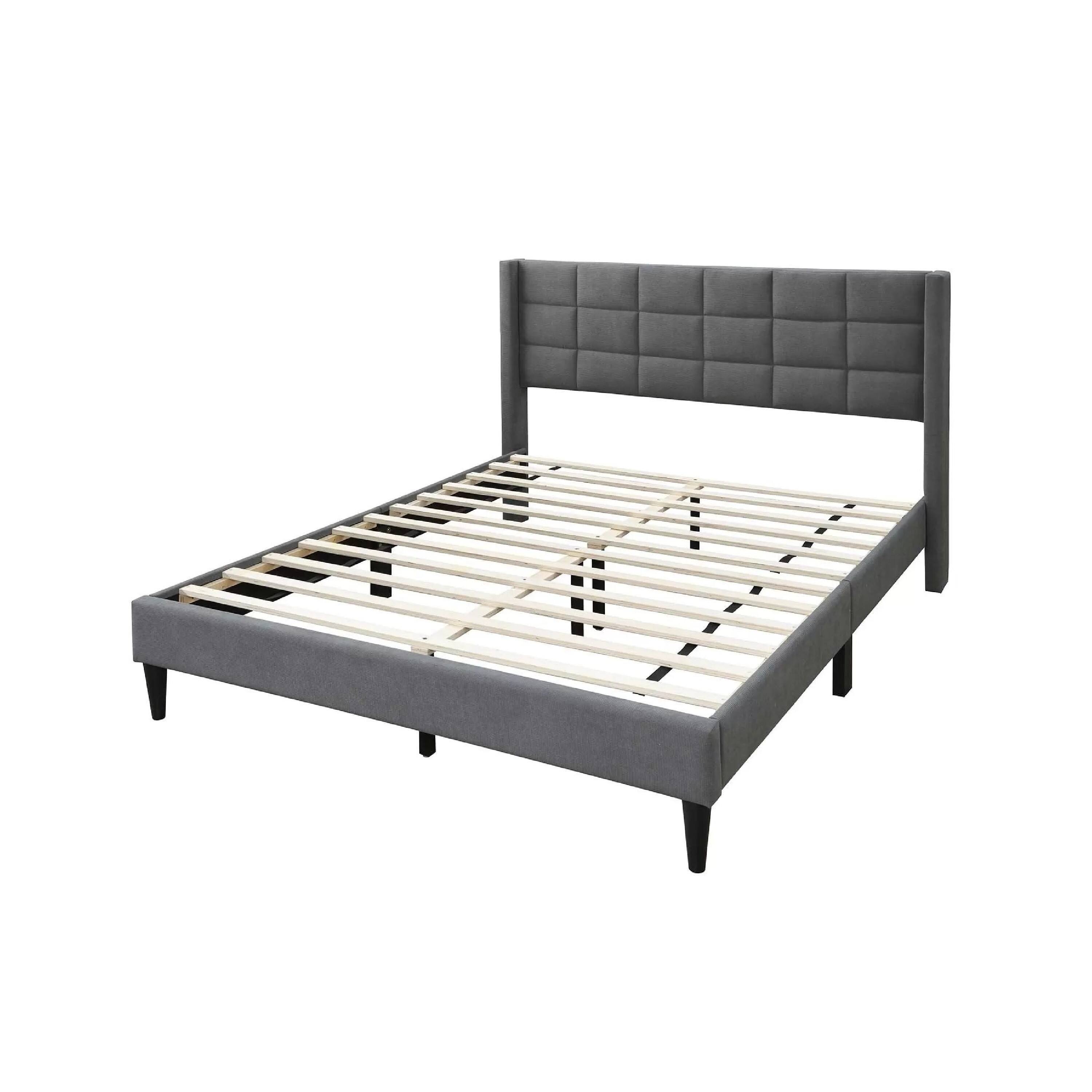 Alt View 1. Manhattan Lane - Zensa Full Bed, Light Gray Linen Upholstery, Padded Wing Headboard - Light Gray, Black.