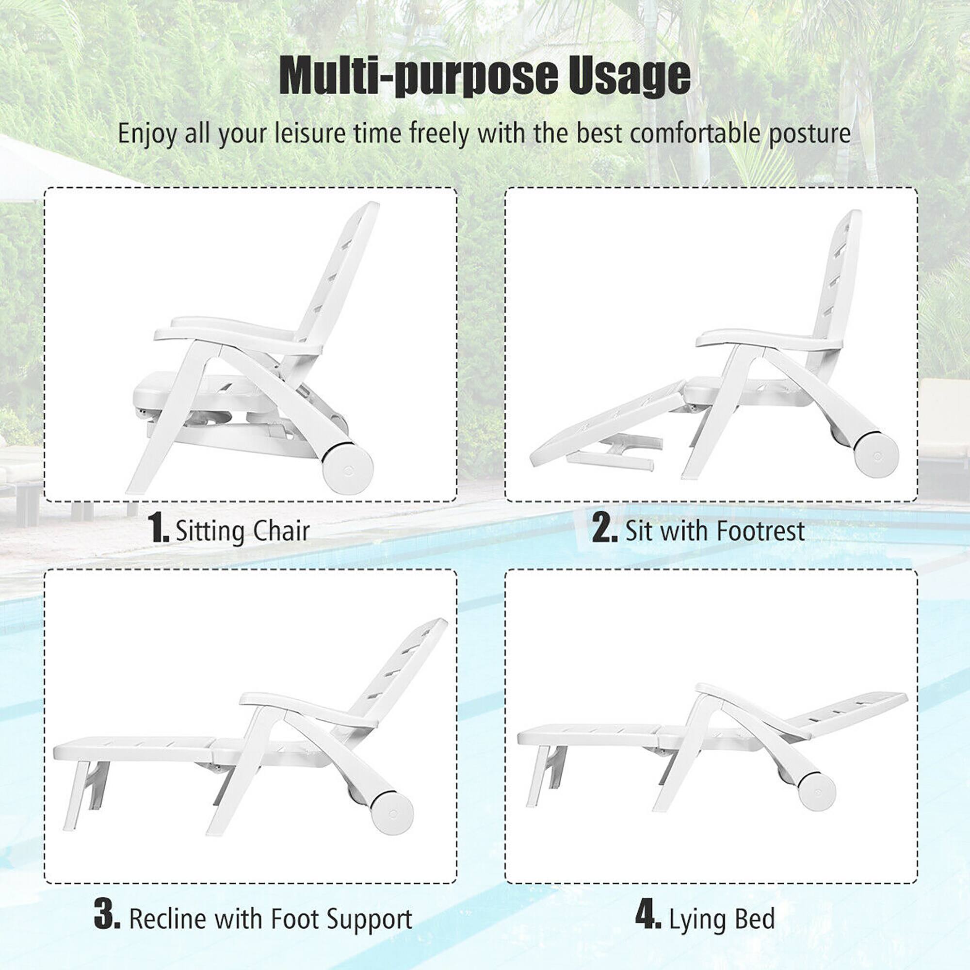 Multi-purpose Usage
Enjoy all your leisure time freely with the best comfortable posture
1. Sitting Chair
2. Sit with Footrest
3. Recline with Foot Support
4. Lying Bed