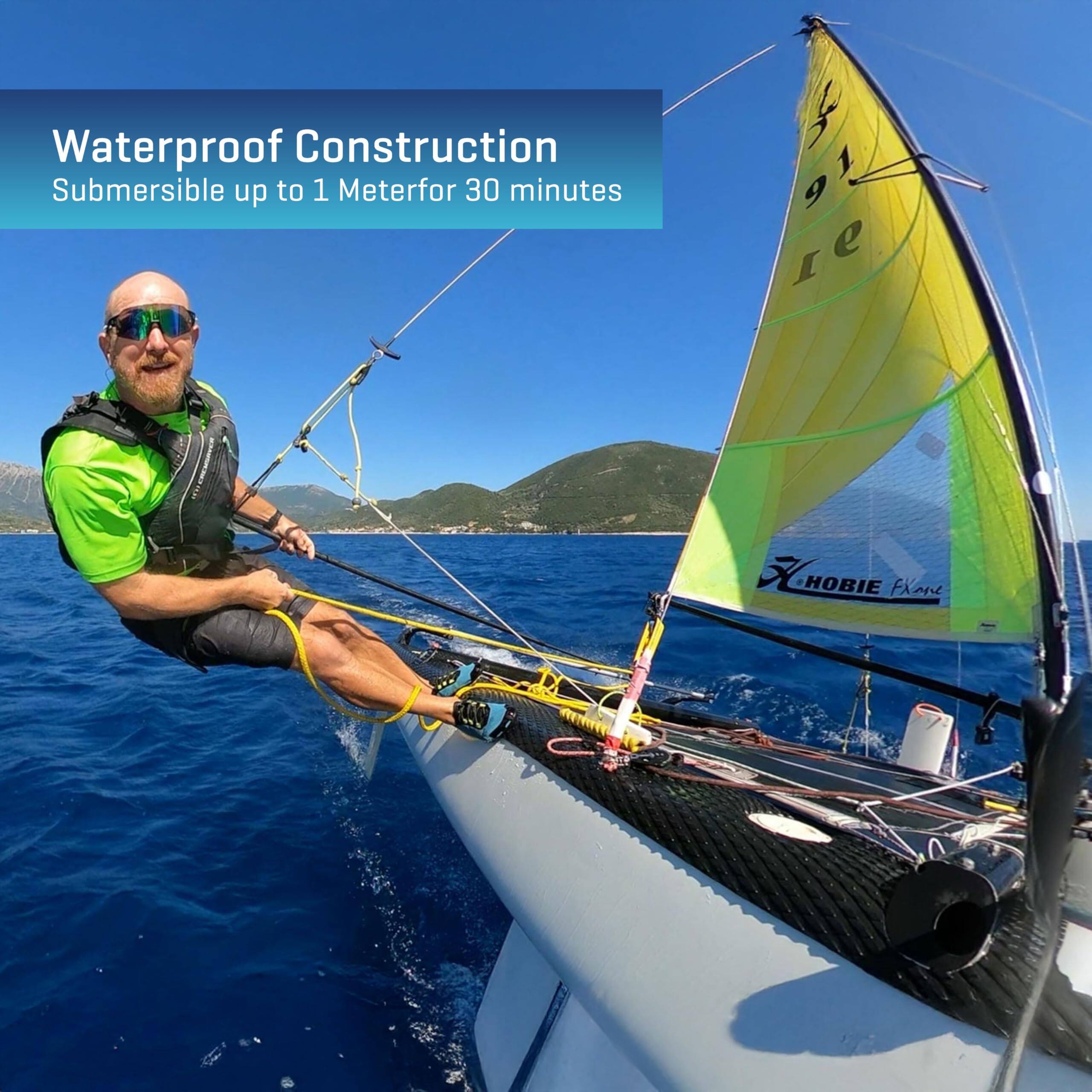 Waterproof Construction  
Submersible up to 1 Meter for 30 minutes  

1 91 9 91  
EXCHOBIE HOBIE Fxone