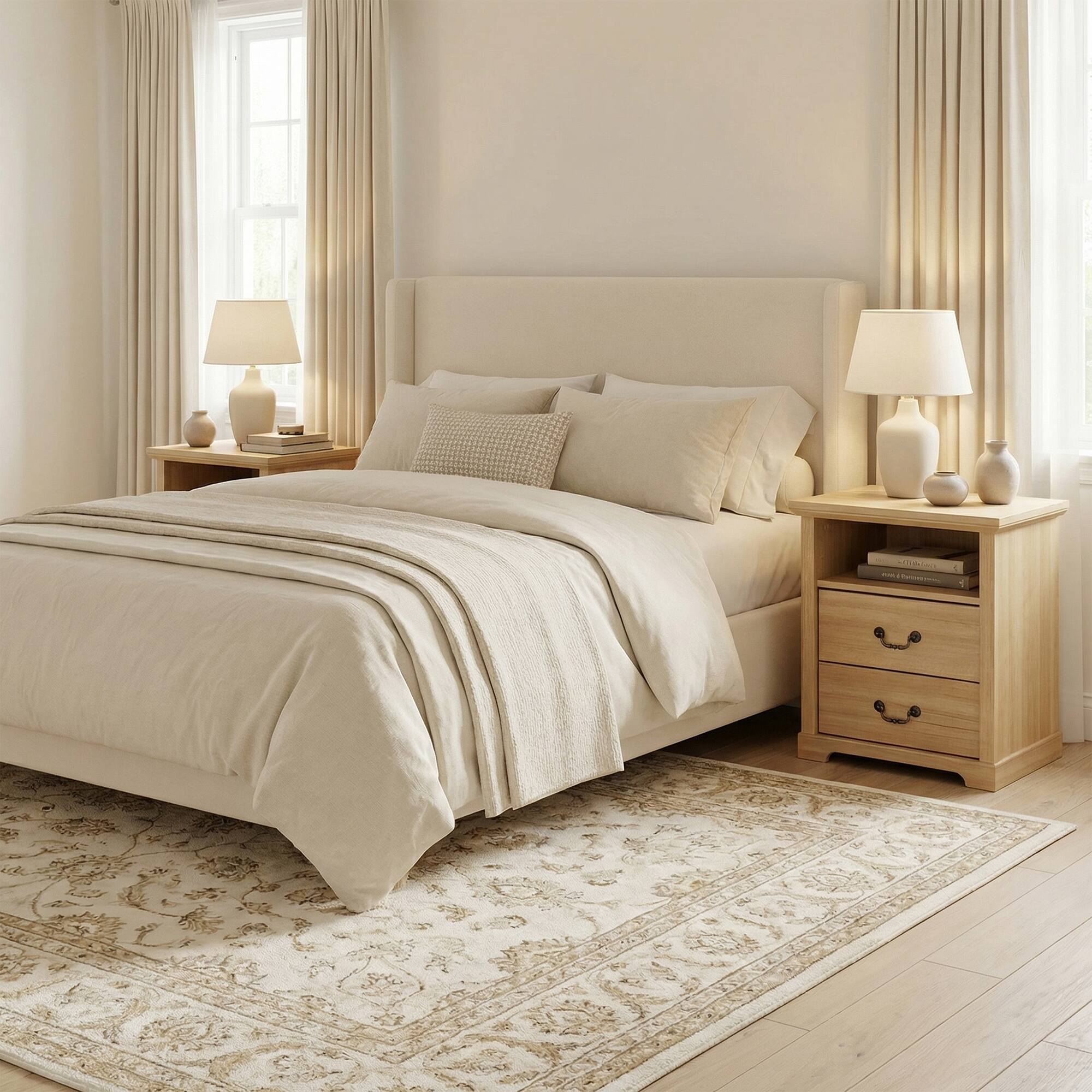 Back. Vaczon - Rustic Natural Nightstands (Set of 2) with Open Shelf and 2 Drawers - Natural.