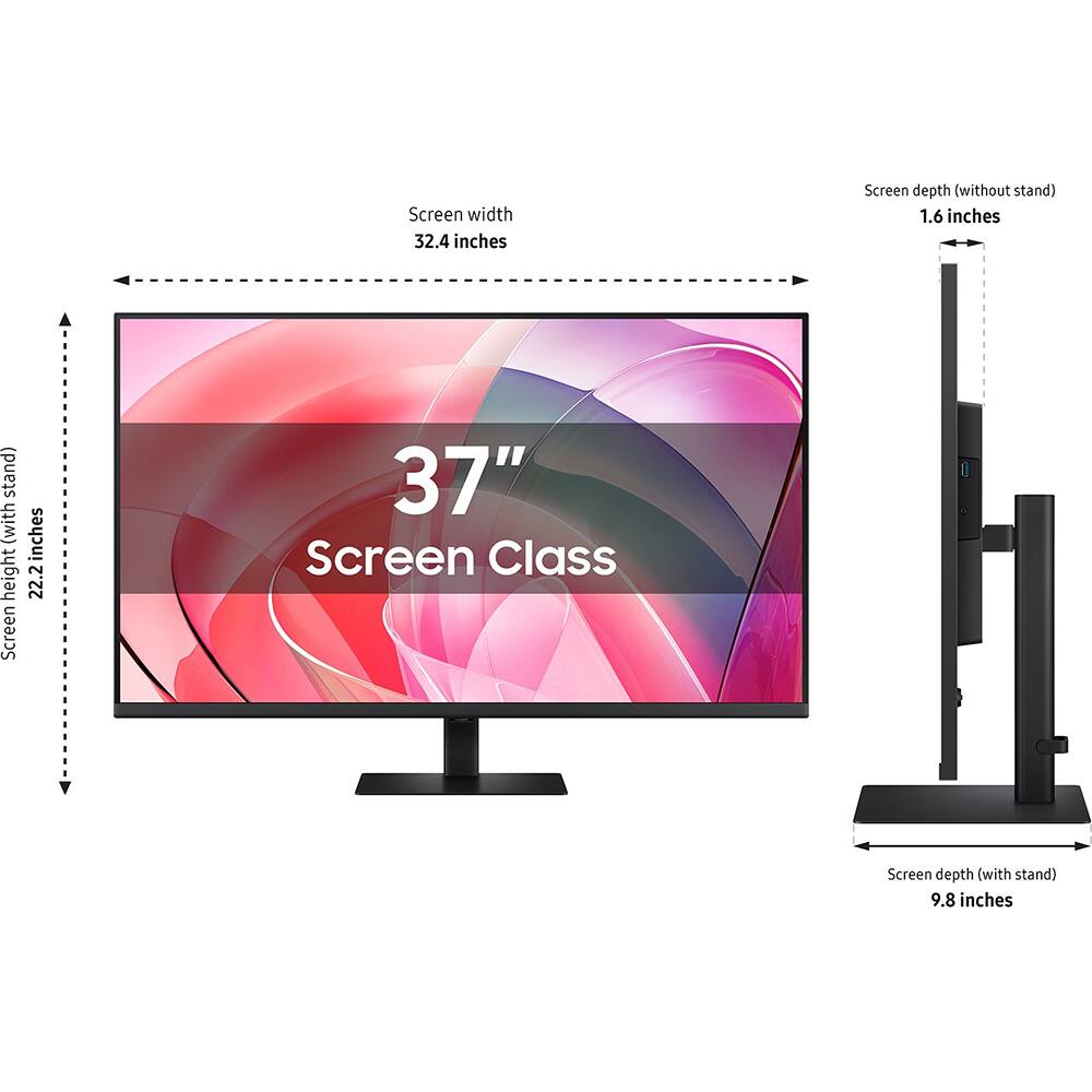 - Screen width: 32.4 inches
- Screen height (with stand): 22.2 inches
- Screen depth (without stand): 1.6 inches
- Screen depth (with stand): 9.8 inches
- Screen Class: 37"