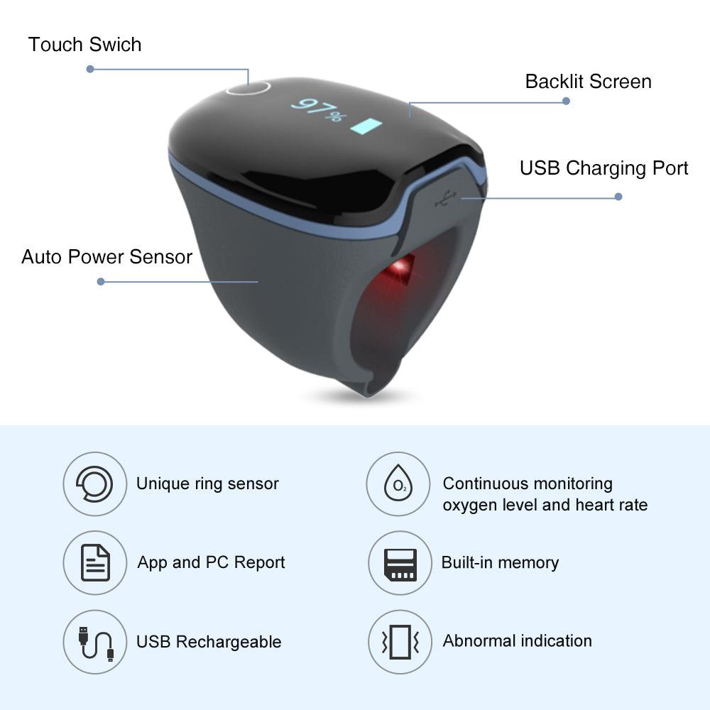 Touch Switch  
97%  
Backlit Screen  
USB Charging Port  
Auto Power Sensor  

Unique ring sensor  
Continuous monitoring oxygen level and heart rate  
App and PC Report  
Built-in memory  
USB Rechargeable  
Abnormal indication