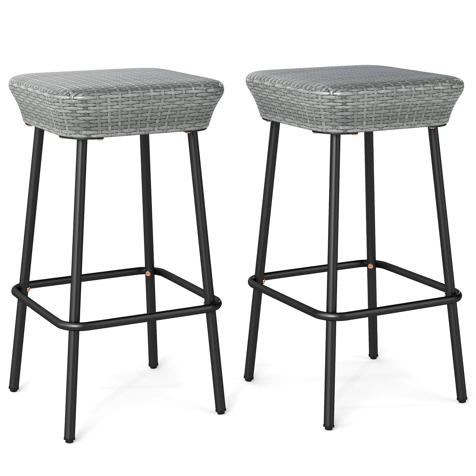 Gymax - 29.5'' Metal Bar Height Stools Set of 2 w/ Rattan Seat & Footrest for Backyard - Mix Gray