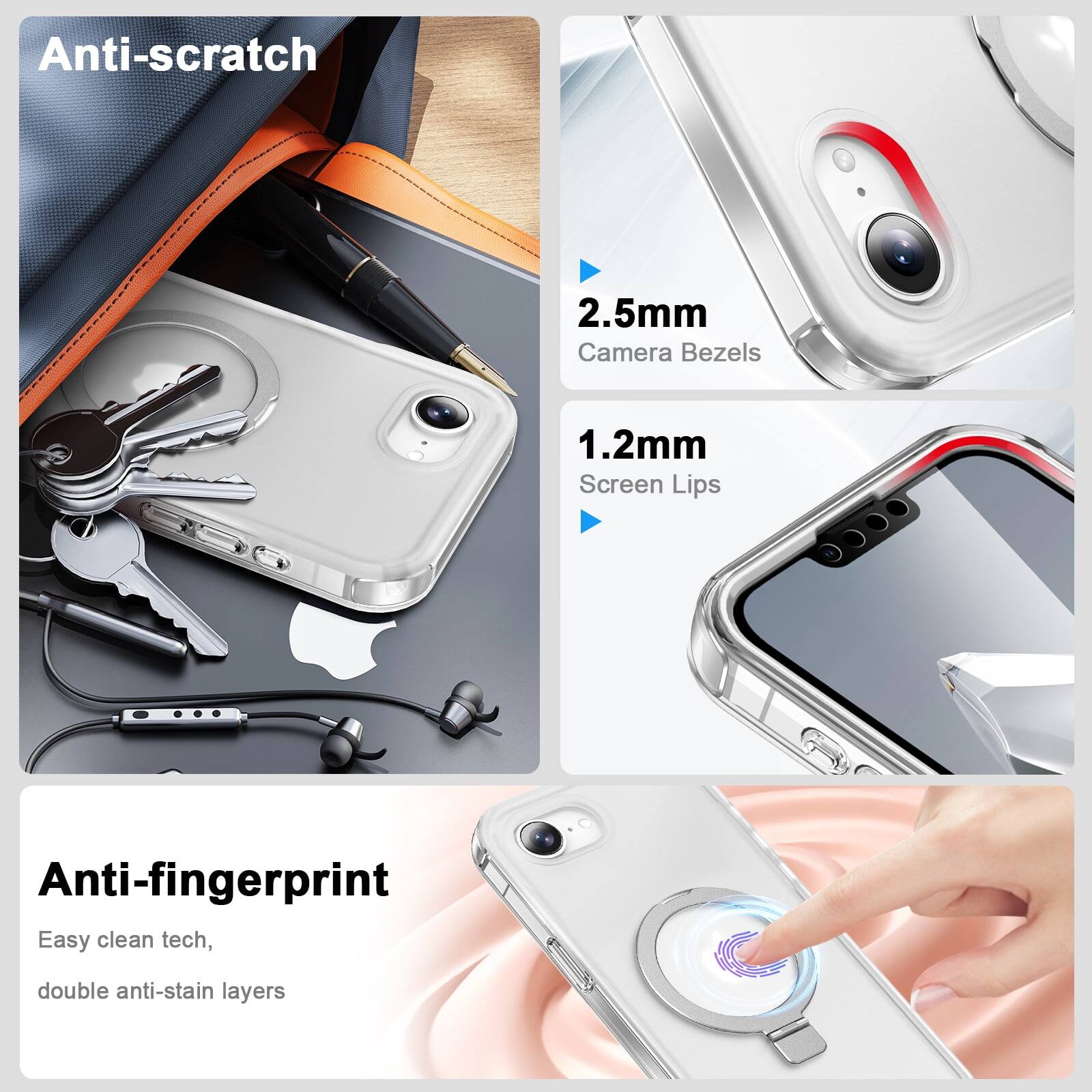 Anti-scratch  
2.5mm Camera Bezels  
1.2mm Screen Lips  
Anti-fingerprint  
Easy clean tech, double anti-stain layers