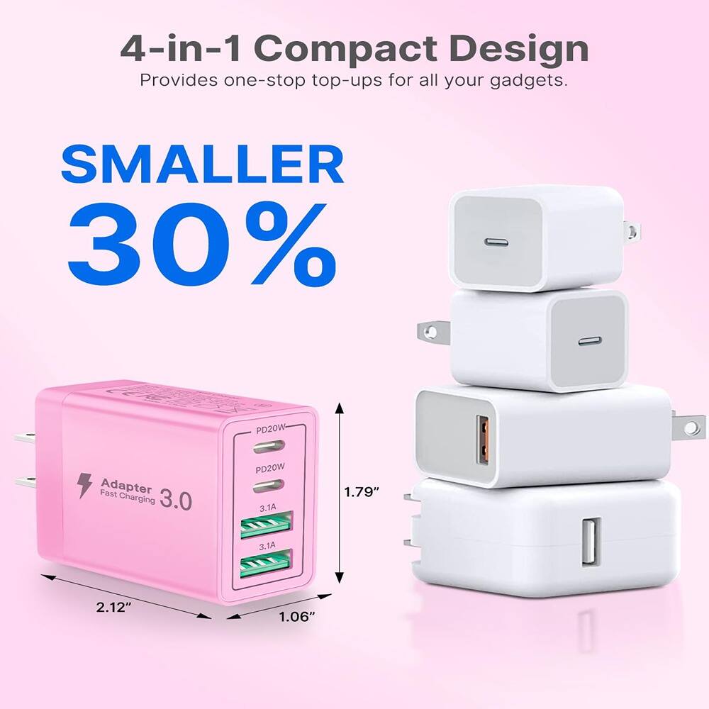 4-in-1 Compact Design  
Provides one-stop top-ups for all your gadgets.  

SMALLER 30%  

Adapter Fast Charging 3.0  
PD20W  
PD20W  
3.1A  
3.1A  

1.79"  
2.12"  
1.06"