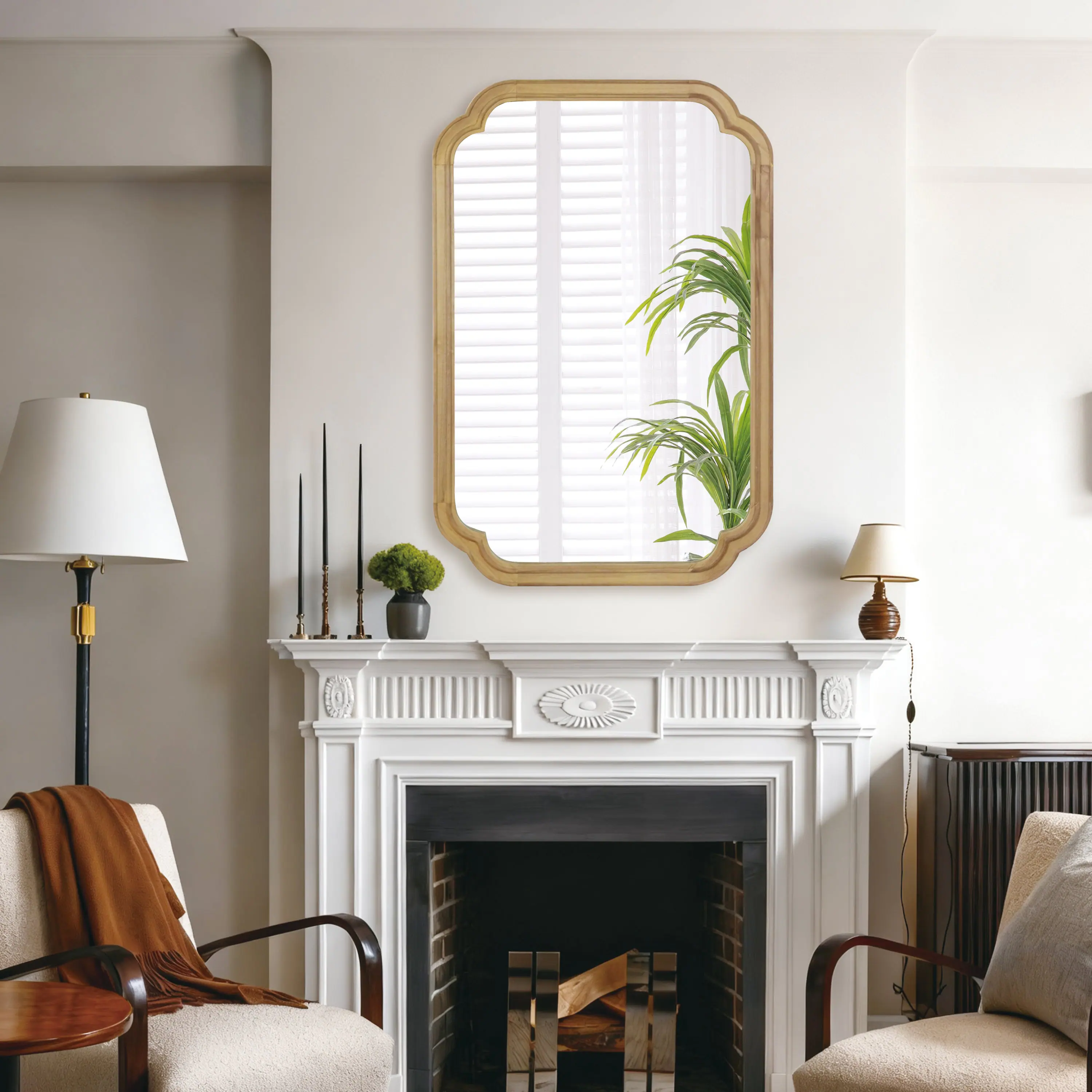 Angle. BreeBe - 24x36 Natural Wood Solid Wood Rounded Corner Decorative Mirror for Bedroom Bathroom Living Room Entryway - Natural Wood.