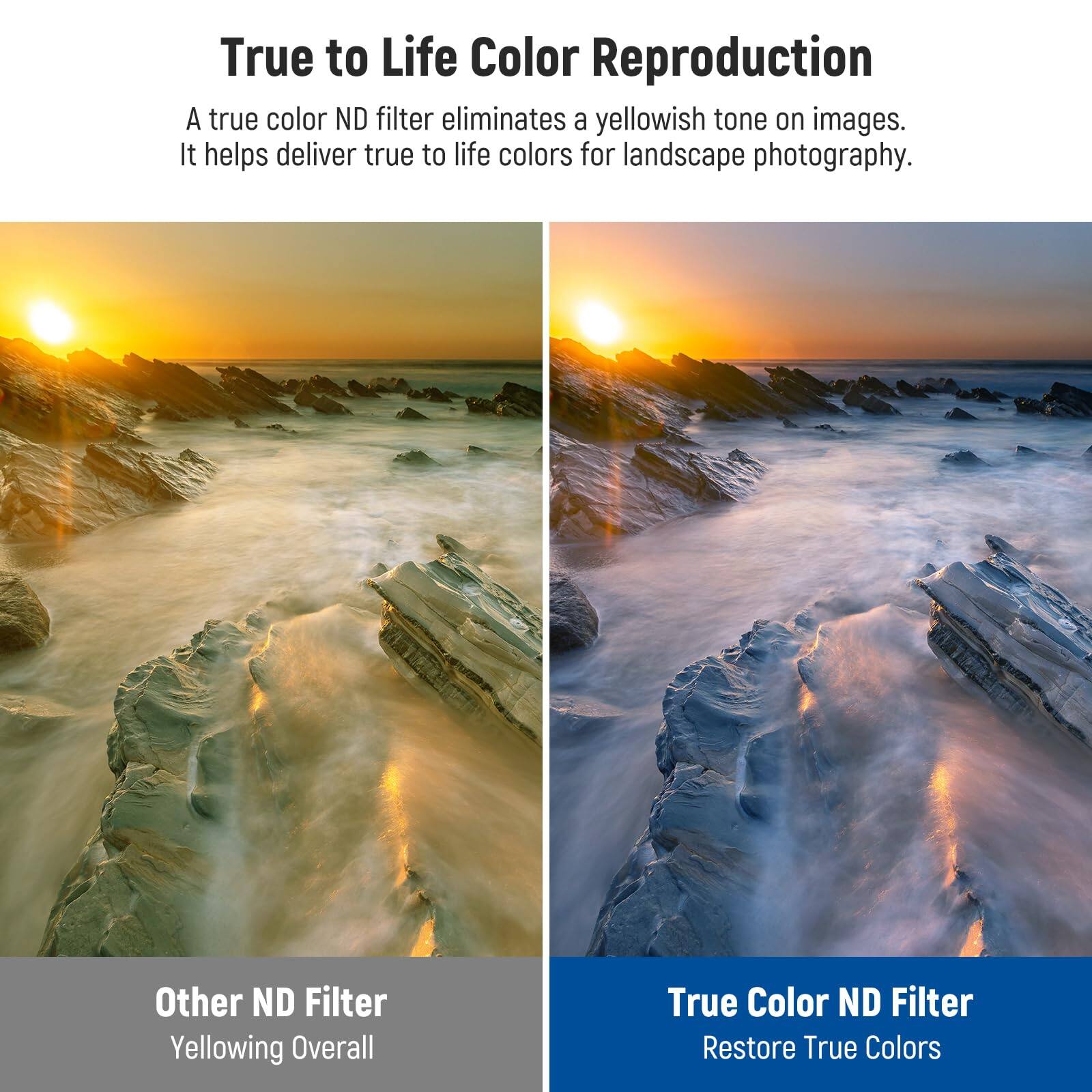 True to Life Color Reproduction

A true color ND filter eliminates a yellowish tone on images. It helps deliver true to life colors for landscape photography.

Other ND Filter
Yellowing Overall

True Color ND Filter
Restore True Colors