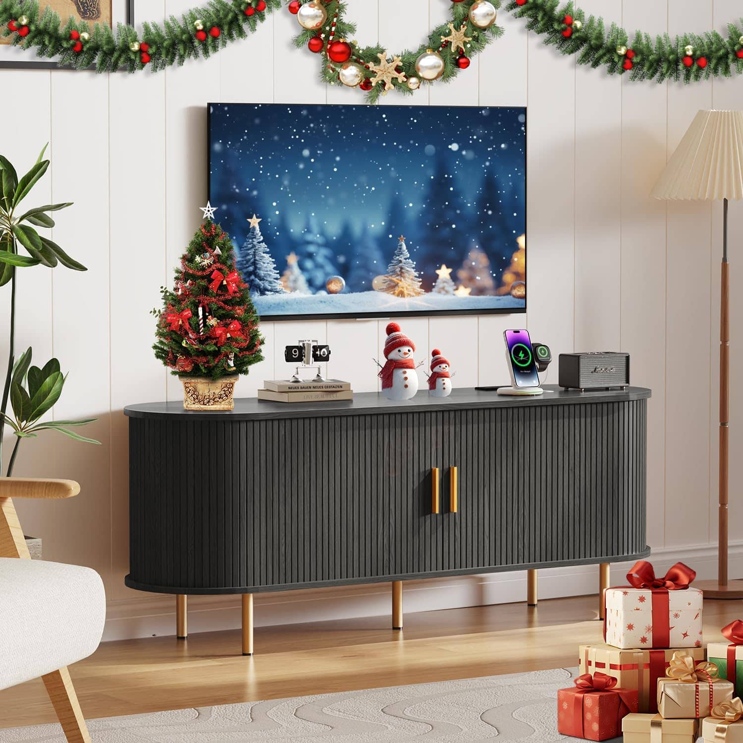 Tiramisubest - 55"TV Stand with Power Outlet for TVs up to 60 Inch,Entertainment Center with Storage,Adjustable Shelves & Sliding Doors - Black