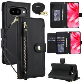 Dteck - Zipper Wallet Case for Google Pixel 9a,Detachable Crossbody Flip Faux Leather Card Slots Kickstand Cover+Lanyard - Black