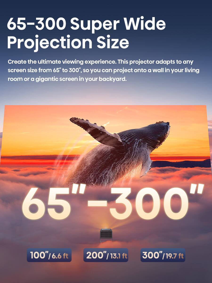 65–300 Super Wide Projection Size

Create the ultimate viewing experience. This projector adapts to any screen size from 65" to 300", so you can project onto a wall in your living room or a gigantic screen in your backyard.

65"–300"

100" / 6.6 ft

200" / 13.1 ft

300" / 19.7 ft