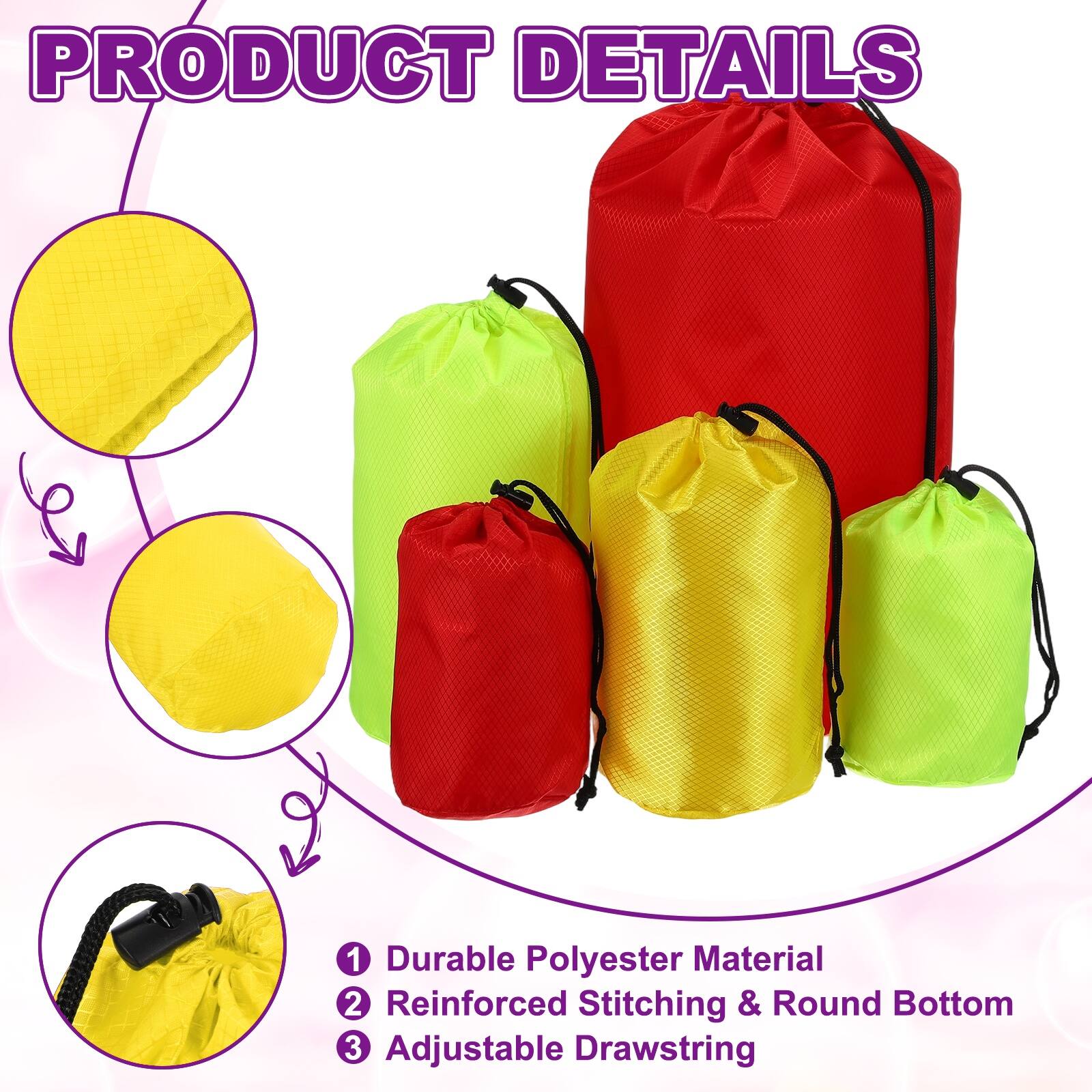PRODUCT DETAILS

1. Durable Polyester Material
2. Reinforced Stitching & Round Bottom
3. Adjustable Drawstring