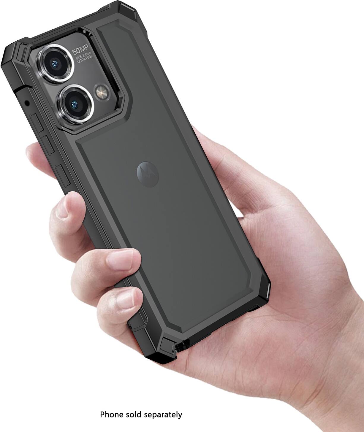 The image features a person holding a black cell phone with a case. The phone has a dual camera setup, with one camera being larger than the other. The phone is being held in a hand, and the case is described as "tough." The text on the image reads "Phone sold separately."