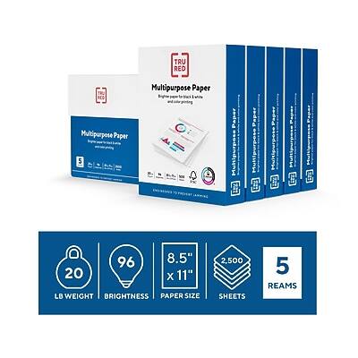 TRU RED RED Multipurpose Paper  
20 LB WEIGHT  
96 BRIGHTNESS  
8.5" x 11" PAPER SIZE  
2,500 SHEETS  
5 REAMS