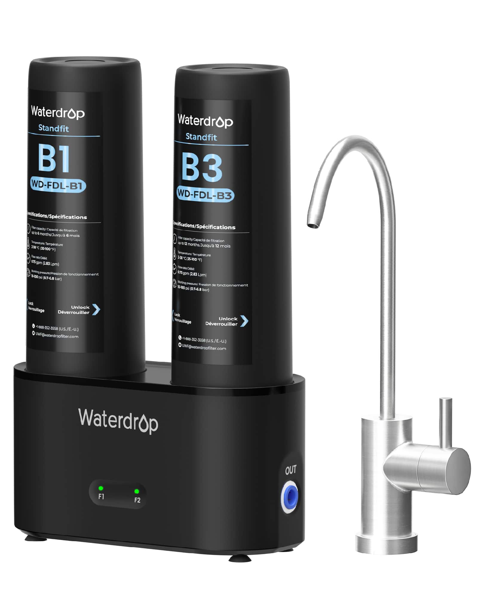 Waterdrop - DLB Under Sink Water Filter, Reduces Chloramine, Chlorine, Bad Taste/Odor - Black