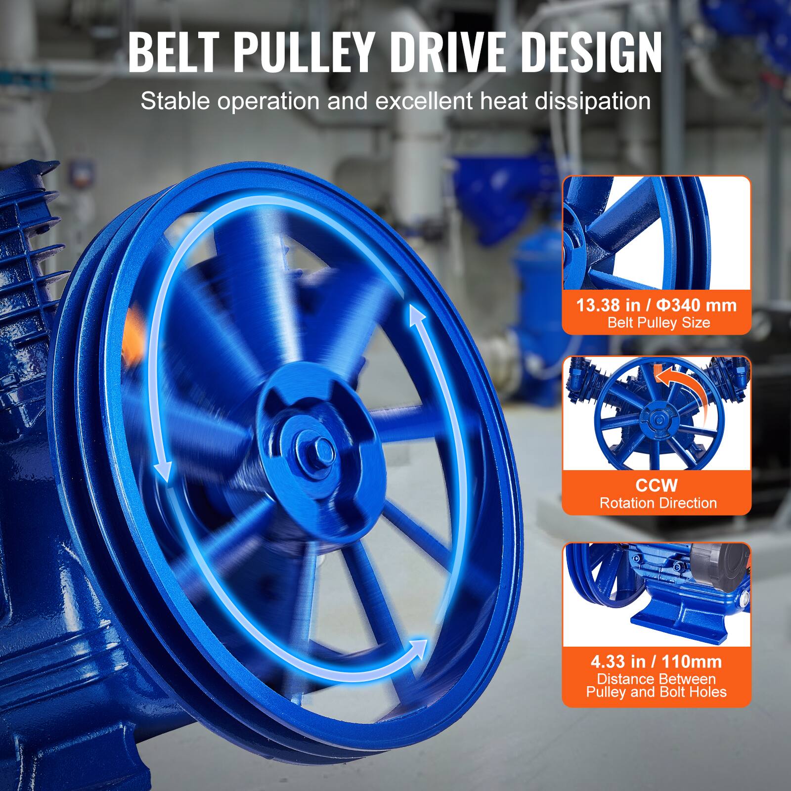BELT PULLEY DRIVE DESIGN  
Stable operation and excellent heat dissipation  

- Belt Pulley Size: 13.38 in / 340 mm  
- Rotation Direction: CCW  
- Distance Between Pulley and Bolt Holes: 4.33 in / 110 mm