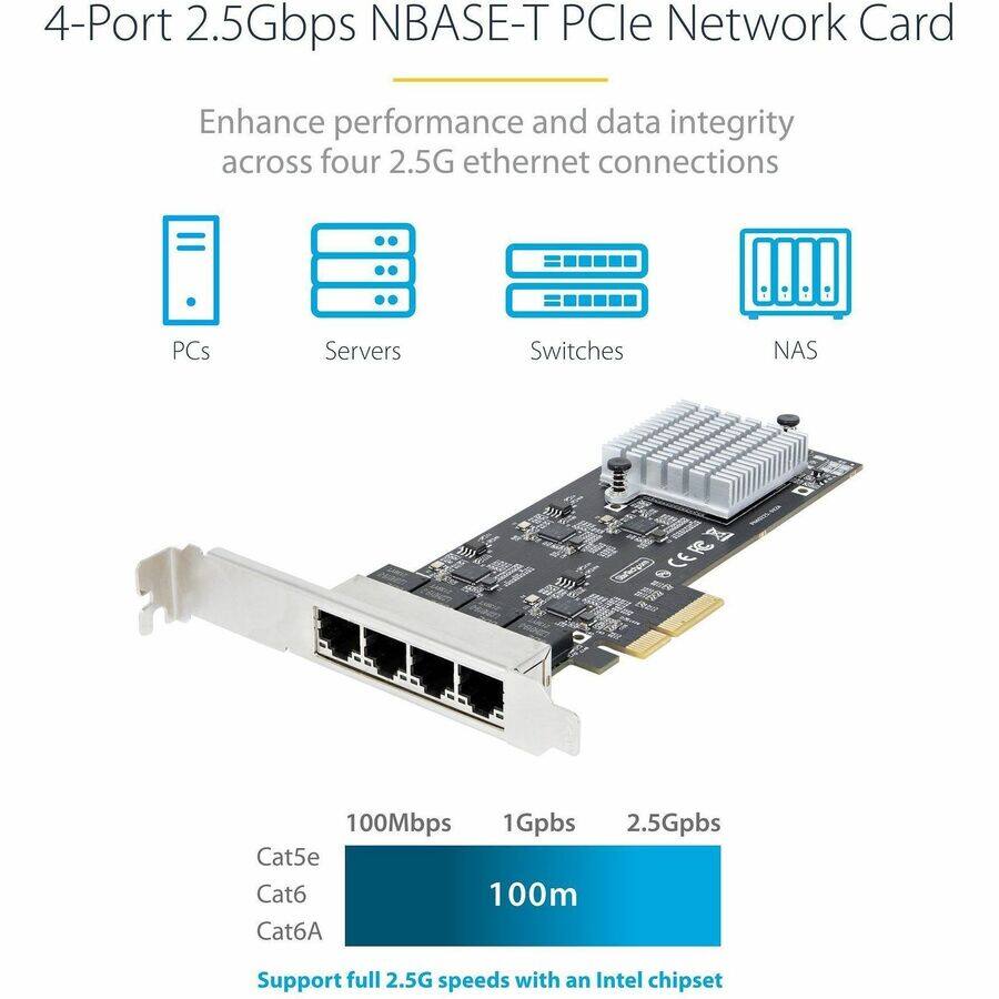 4-Port 2.5Gbps NBASE-T PCIe Network Card

Enhance performance and data integrity across four 2.5G ethernet connections

PCs
Servers
Switches
NAS

100Mbps 1Gbps 2.5Gbps Cat5e Cat6 100m Cat6A

Support full 2.5G speeds with an Intel chipset