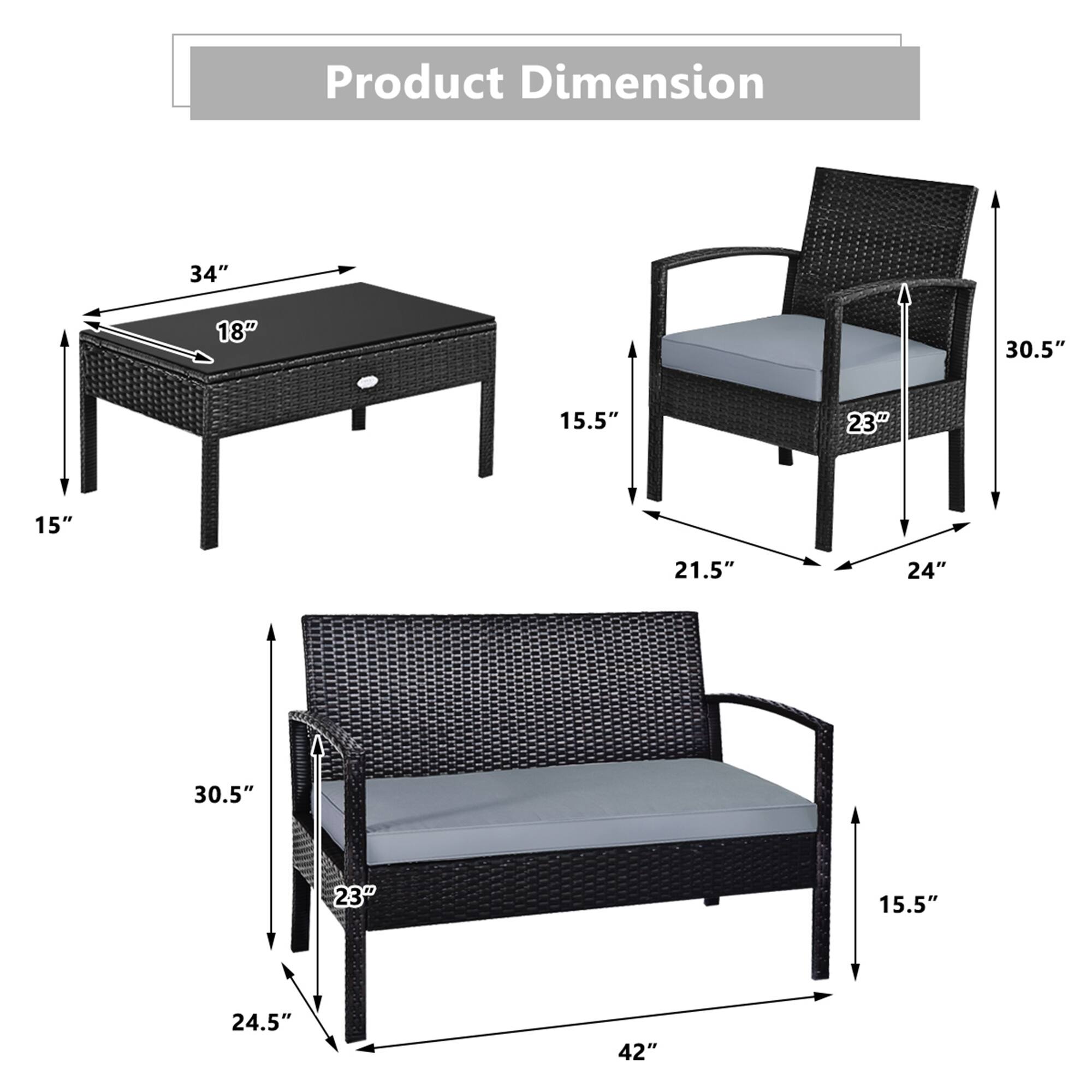 Product Dimension

- Table: 34" x 18" x 15"
- Chair: 21.5" x 23" x 30.5" x 24"
- Sofa: 42" x 30.5" x 23" x 24.5"