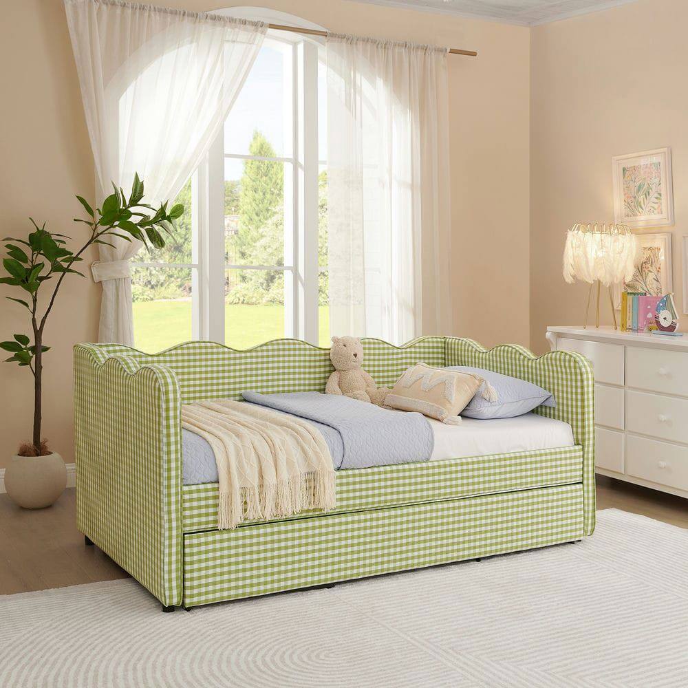 Alt View 1. Kadyn - Cozy Gingham Daybed with Trundle, Twin Size Sofa Bed with USB Port & Wave Design, Linen Fabric - Green.