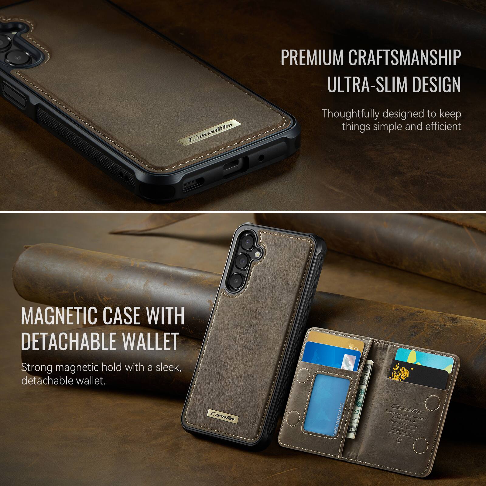 PREMIUM CRAFTSMANSHIP ULTRA-SLIM DESIGN  
Thoughtfully designed to keep things simple and efficient  

MAGNETIC CASE WITH DETACHABLE WALLET  
Strong magnetic hold with a sleek, detachable wallet.