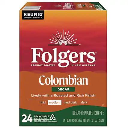 KEURIG GENUINE K-CUP PODS
Folgers
PROUDLY ROASTED IN NEW ORLEANS
Colombian DECAF
Lively with a Roasted and Rich Finish
mild medium med-dark dark
RECYCLABLE
24 K-CUP PODS
PEEL, EMPTY, RECYCLE
DECAFFEINATED COFFEE
24 - 0.31 OZ (9g)/EA
NET WT 7.61 OZ (216g)