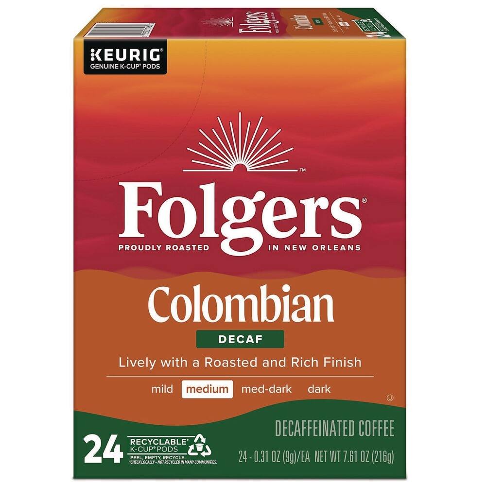 KEURIG GENUINE K-CUP PODS  
Folgers  
PROUDLY ROASTED IN NEW ORLEANS  
Colombian DECAF  
Lively with a Roasted and Rich Finish  
mild medium med-dark dark  
RECYCLABLE  
24 K-CUP PODS  
PEEL, EMPTY, RECYCLE  
DECAFFEINATED COFFEE  
24 - 0.31 OZ (9g)/EA  
NET WT 7.61 OZ (216g)