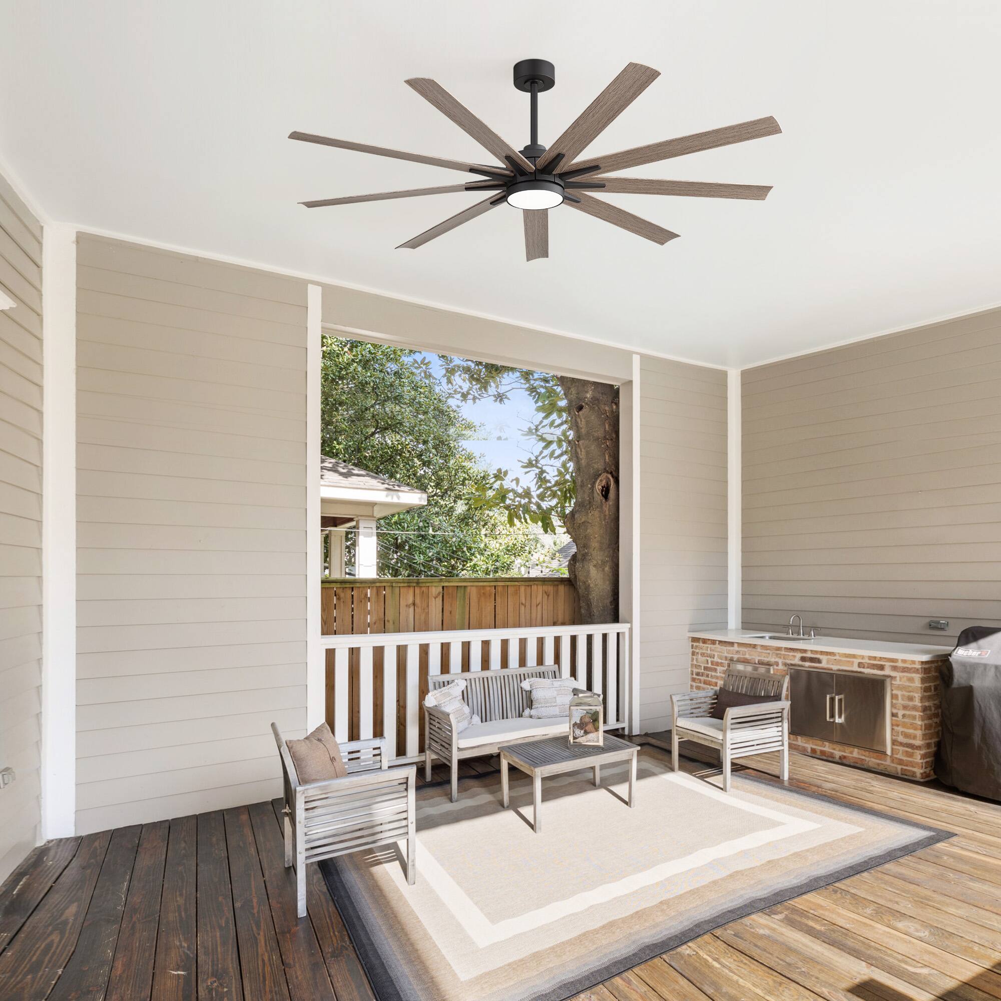 Back. Breezary - 65-Inch LED Ceiling Fan with Light, 9 Plywood Blades, DC Motor, Remote, Includes 6 & 12 Inch Downrods, Timer - Wood grain color.