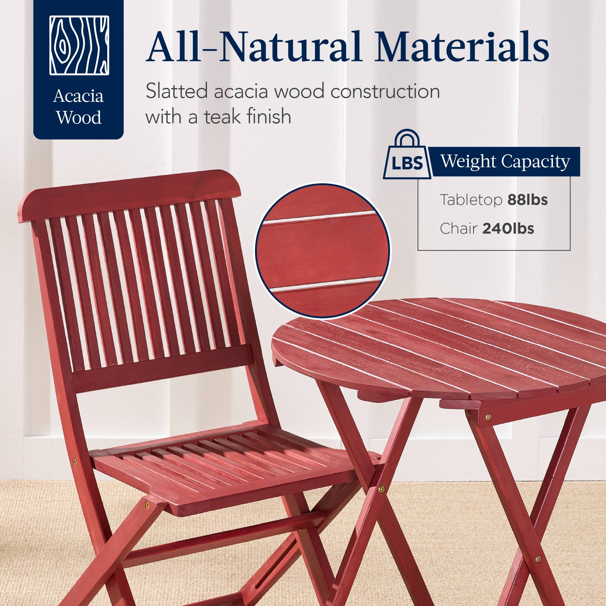 All-Natural Materials  
Acacia Wood  
Slatted acacia wood construction with a teak finish  

Weight Capacity  
Tabletop 88lbs  
Chair 240lbs