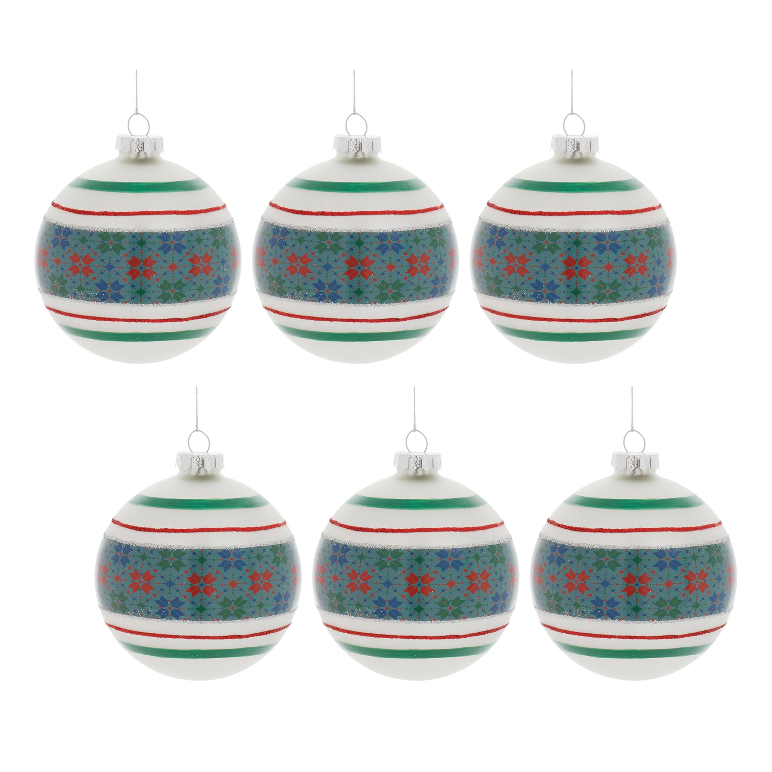 Left. BreeBe - Stripe Patterened Glass Ball Ornament (Set of 6) - White, Red, Green.