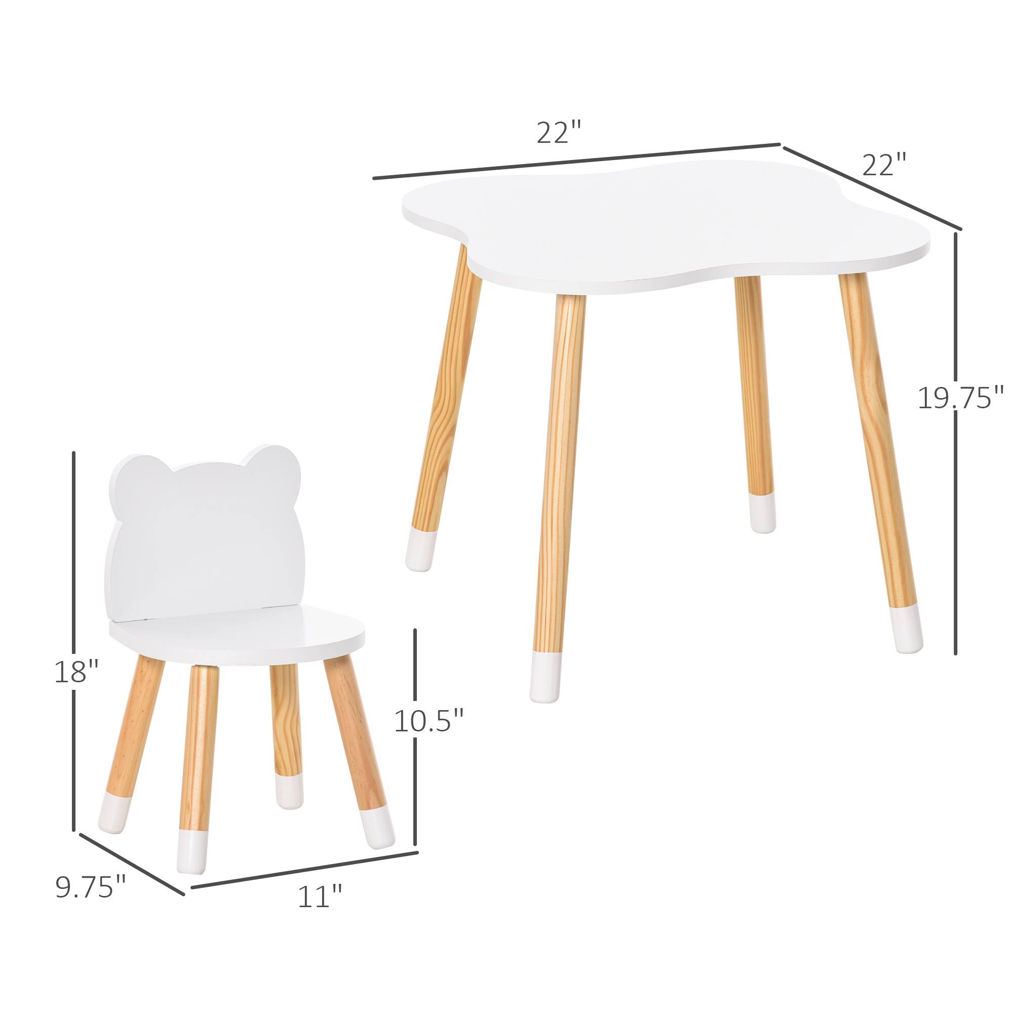 - Table:
  - Length: 22"
  - Width: 22"
  - Height: 19.75"

- Chair:
  - Seat Height: 18"
  - Seat Depth: 10.5"
  - Back Height: 9.75"
  - Width: 11"