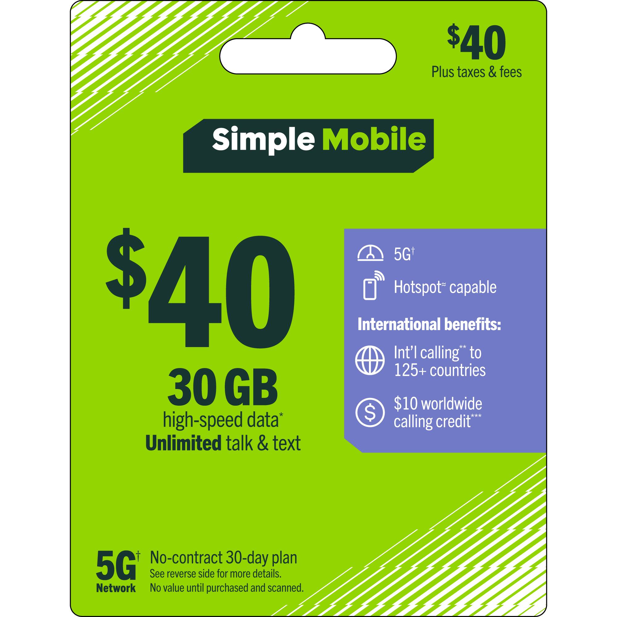 Simple Mobile - $40 Unlimited Talk & Text 30-Day Plan (Email Delivery) [Digital]
