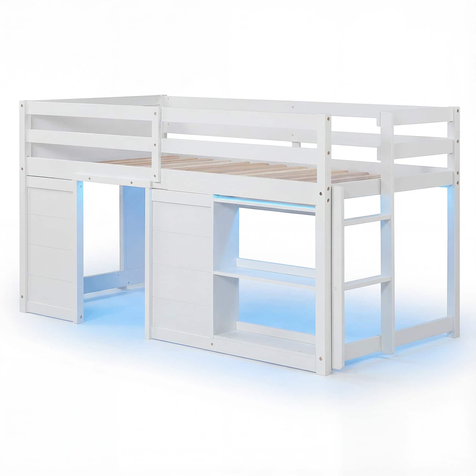 Gymax - Twin Size Loft Bed w/ LED Lights 2 Doors Underbed Space & Shelves for Kids - White