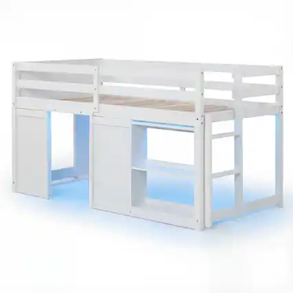 Front. Gymax - Gymax Twin Size Loft Bed w/ LED Lights 2 Doors Underbed Space & Shelves for Kids White - White.