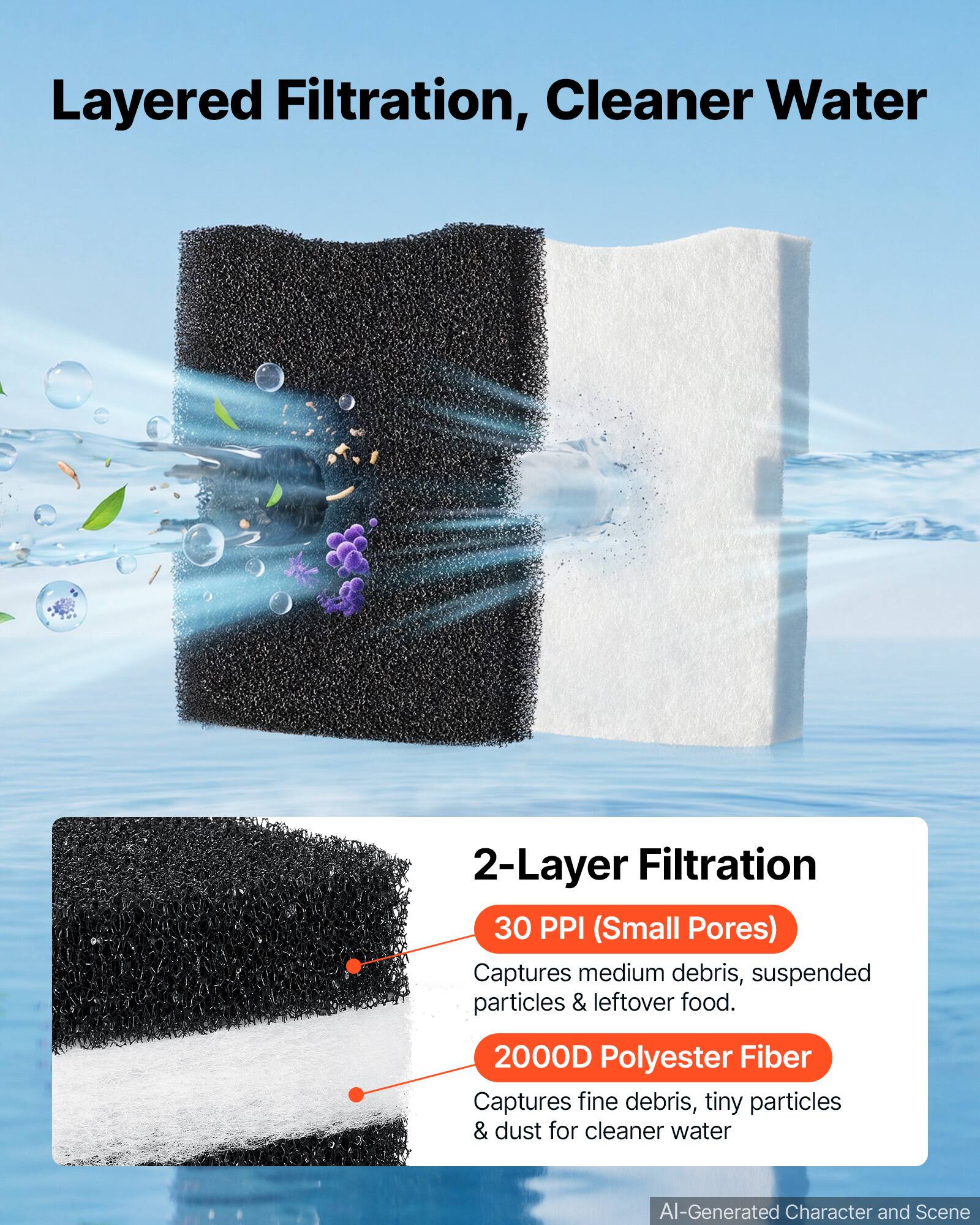 Layered Filtration, Cleaner Water

2-Layer Filtration

30 PPI (Small Pores) Captures medium debris, suspended particles & leftover food.

2000D Polyester Fiber Captures fine debris, tiny particles & dust for cleaner water

AI-Generated Character and Scene