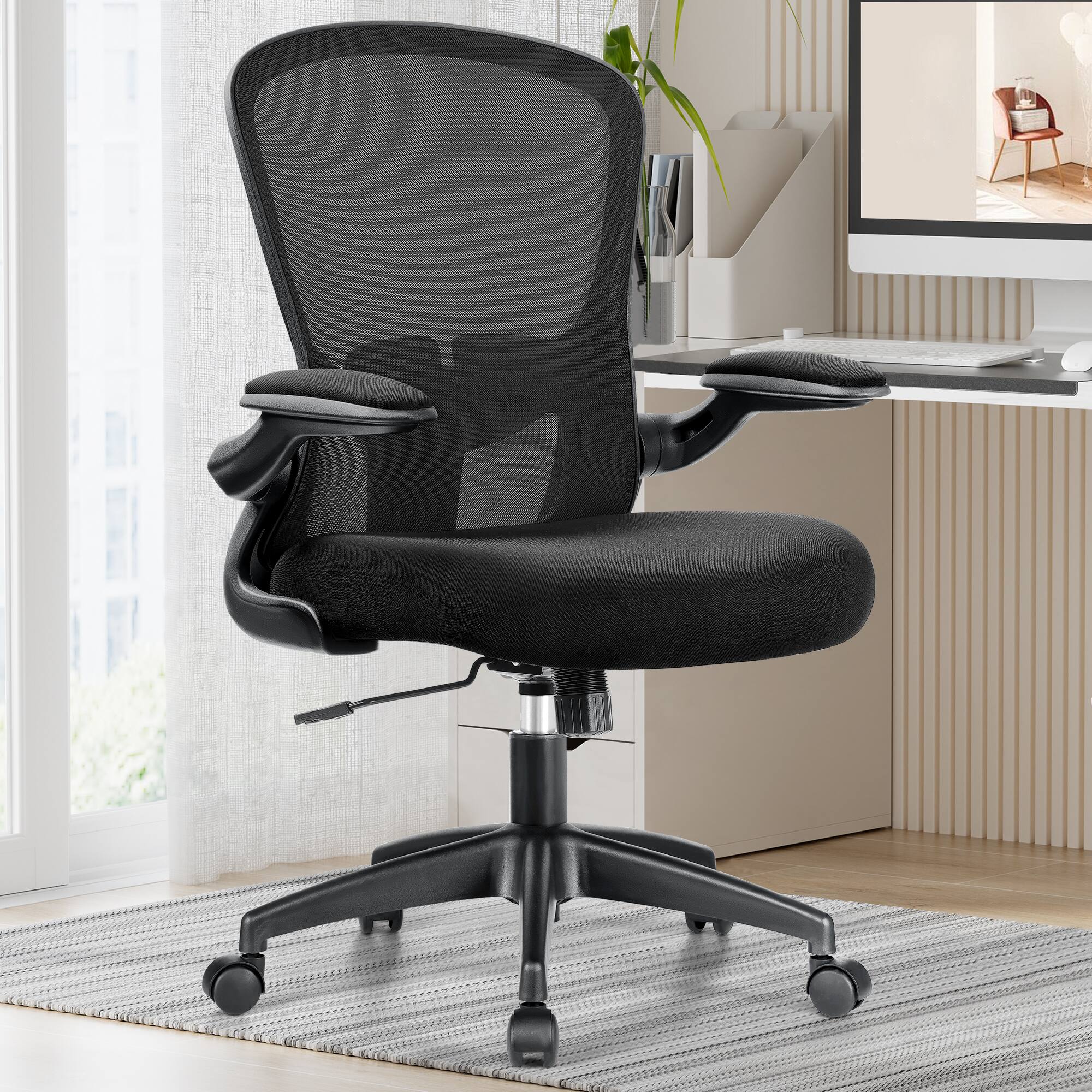 Left. Brick Attic - Office Desk Chairs, Ergonomic Swivel PC Desk Chair with Wheels Mesh Backrest, Adjustable Lumbar Support and Height - Black.