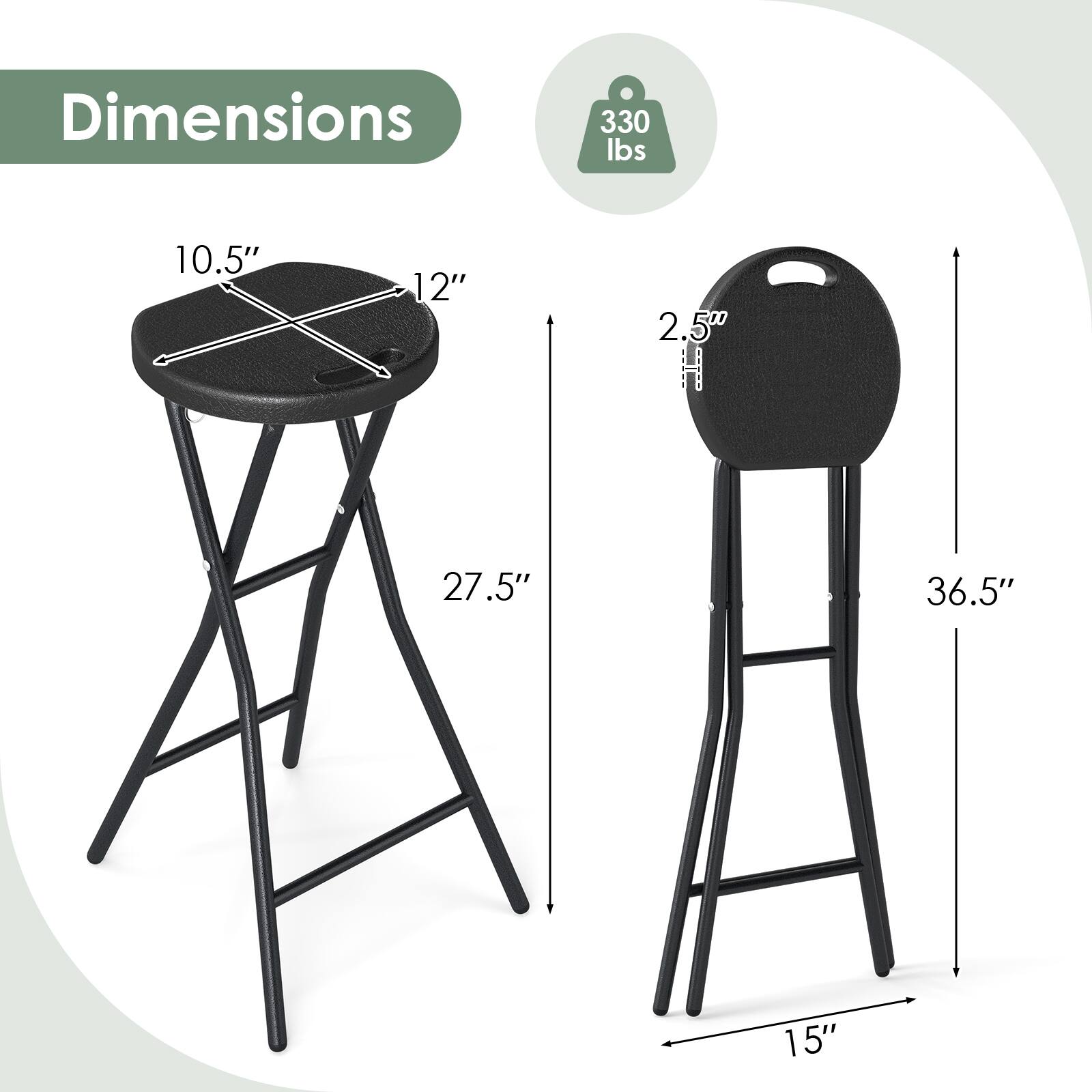 Dimensions
330 lbs
10.5"
12"
2.5" H
27.5"
36.5"
15"