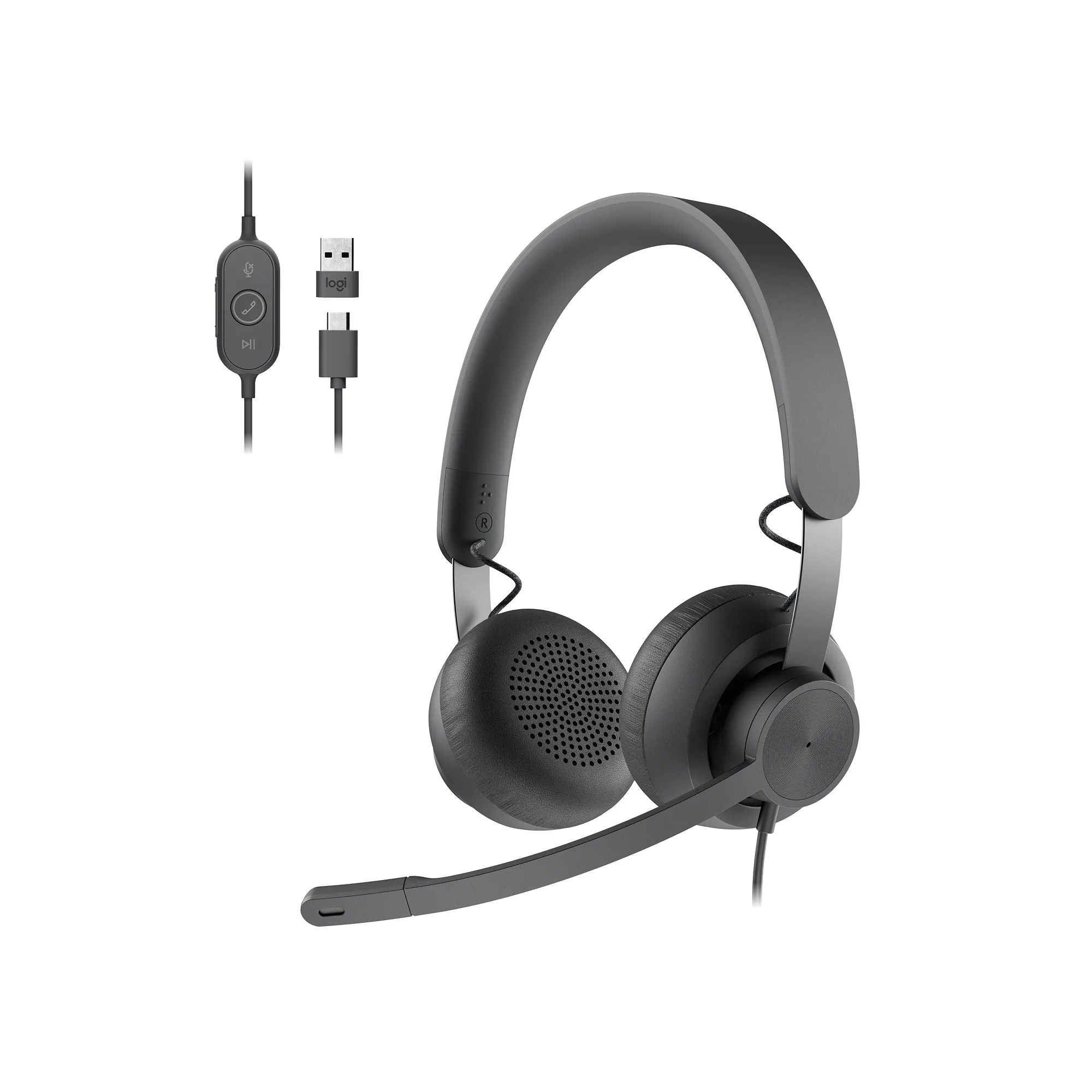 Front. Logitech - Zone 750 Wired Active Noise Canceling On-Ear Headset - Black.