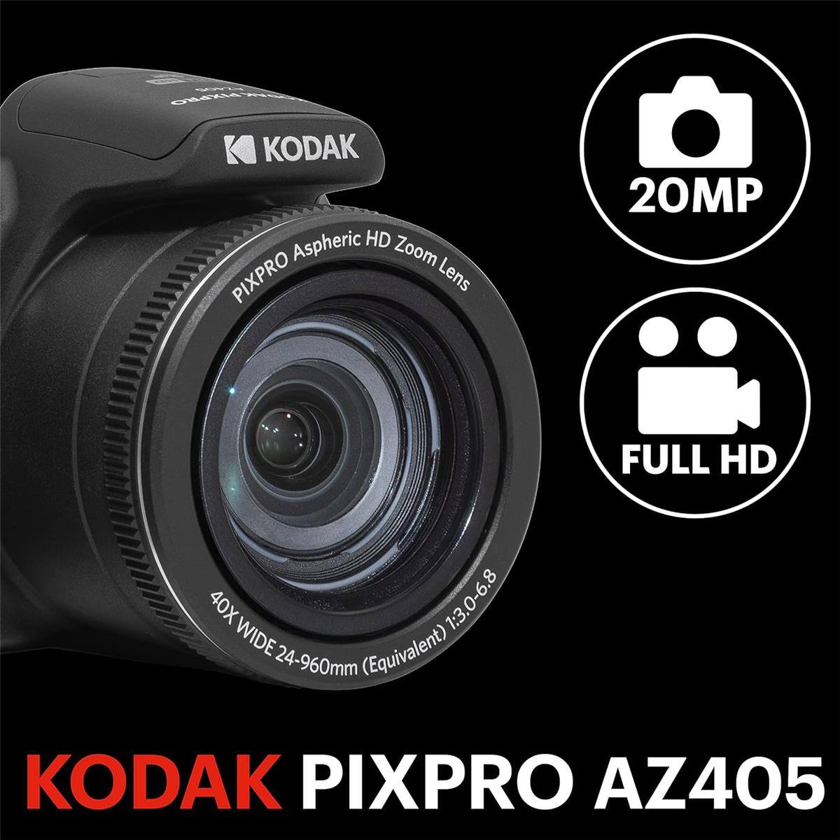 KODAK PIXPRO AZ405

BONZY BOAKPIXPRO KODAK Aspheric HD Zoom Lens PIXPRO
20MP
FULL HD
40X WIDE 1:3.0-6.8 24-960mm (Equivalent)