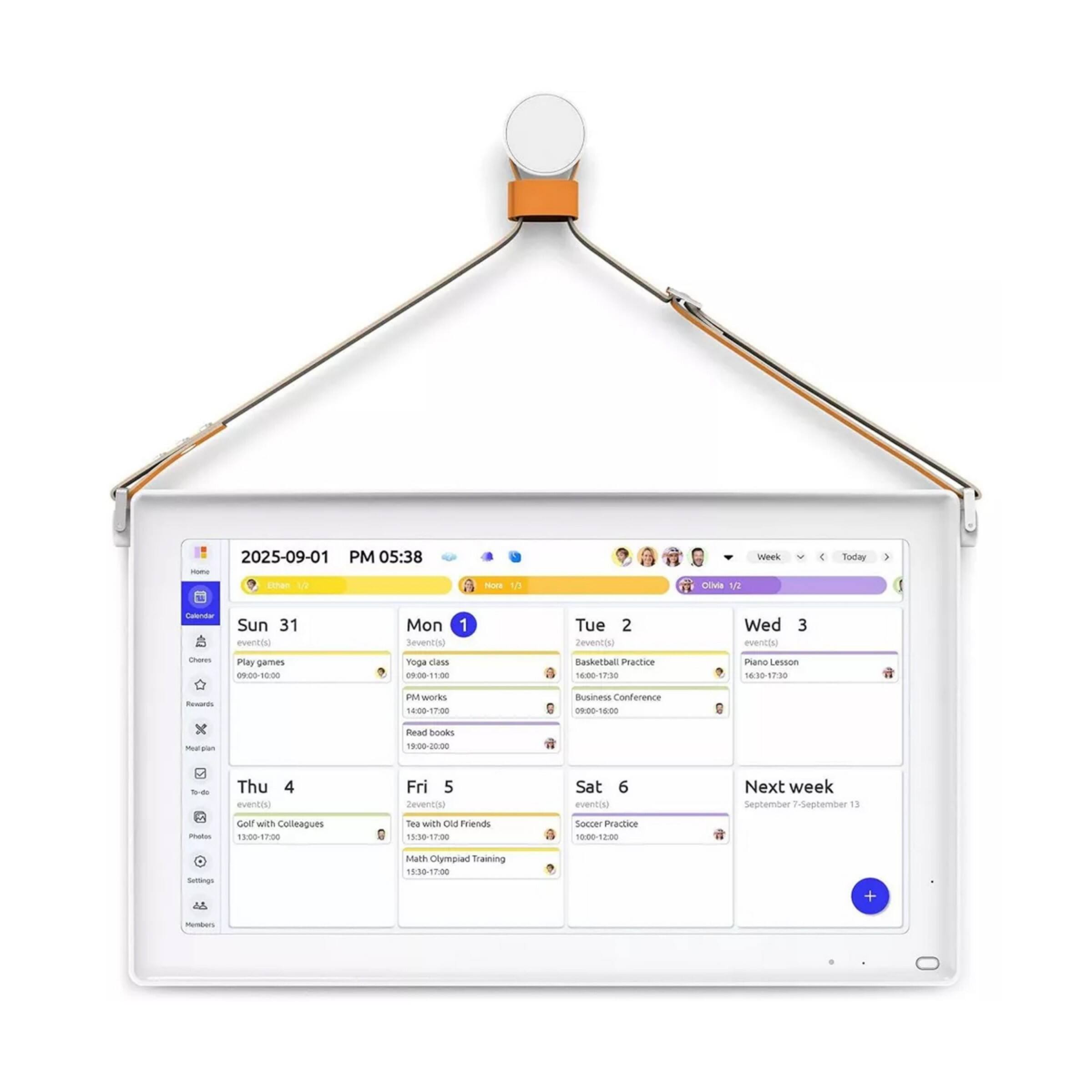 2025-09-01 PM 05:38 Home Ethan  
Nore  
Olivia 1/2  
Week  
Today  
Calendar  
Sun 31 event(s)  
Mon 1 event(s)  
Tue 2 event(s)  
Wed 3 event(s)  
Cherers  
Play games 09:00-10:00  
Yoga class 09:00-11:00  
Basketball Practice 16:00-17:30  
Piano Lesson 16:30-17:30  
Rewards  
PM works 14:00-17:00  
Business Conference 09:00-15:00  
Meal plan  
Read books 19:00-20:00  
To-do  
Thu 4 event(s)  
Fri 5 event(s)  
Sat 6 event(s)  
Next week September 7-September 13  
Photos  
Golf with Colleagues 13:00-17:00  
Tea with Old Friends 15:30-17:00