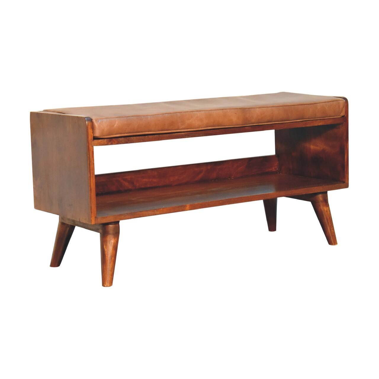 Left. Artisan Furniture - Artisan Furniture Solid Wood Chestnut Bench with Brown Leather Seatpad, Upholstered, 1 Open Slot, Dark Brown - Dark Brown.