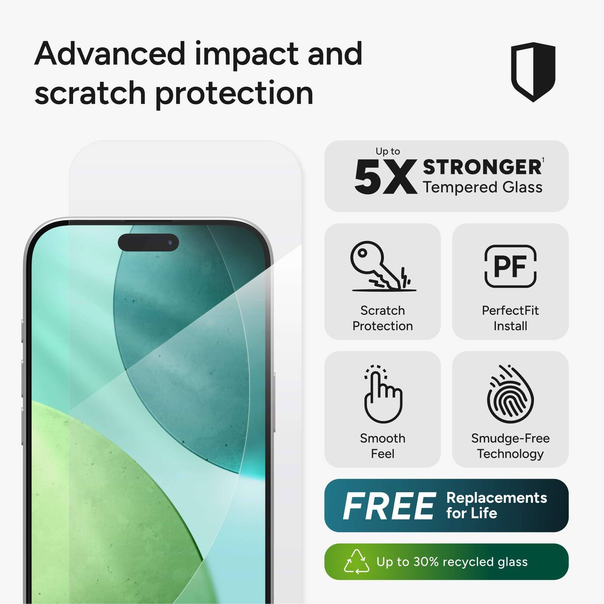 Advanced impact and scratch protection

Up to 5X STRONGER Tempered Glass

Scratch Protection

PerfectFit Install

Smooth Feel

Smudge-Free Technology

FREE Replacements for Life

Up to 30% recycled glass