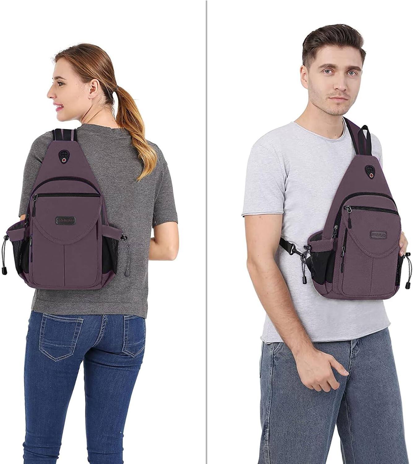 Alt View 3. mosiso - Sling Backpack Canvas Crossbody Hiking Daypack Bag with Anti-theft Pocket - Rose Brown.