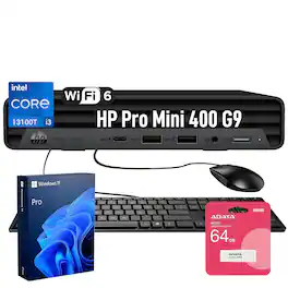 HP - Upgraded - Pro Mini 400 G9 Desktop - Intel Core i3-13100T - 8GB RAM 256GB SSD - Wired K&M - 64GB USB Flash Drive - Black