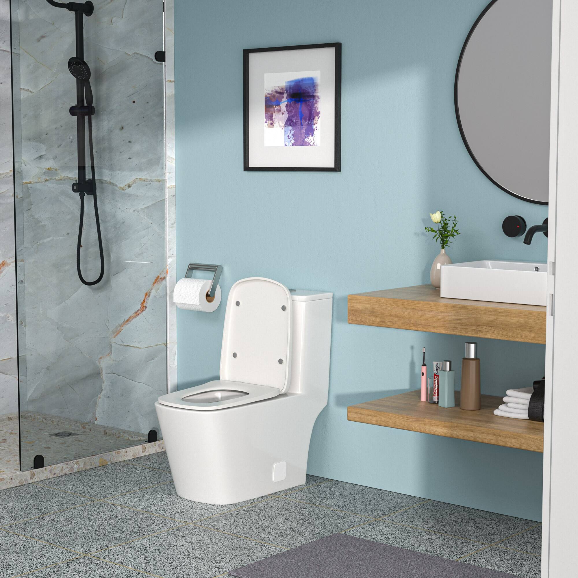 Angle. TinyHomie - Ceramic One Piece Toilet Dual Flush with Soft Closing Seat - White.