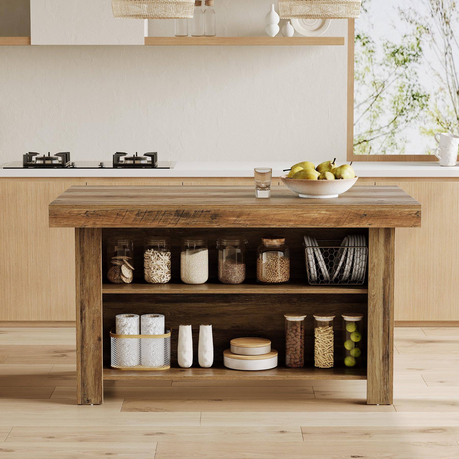 Alt View 3. Tribesigns - 55.1-Inch Farmhouse Kitchen Island with Large Worktop and 3-Tier Storage for Kitchen or Dining Room - Rustic Brown.