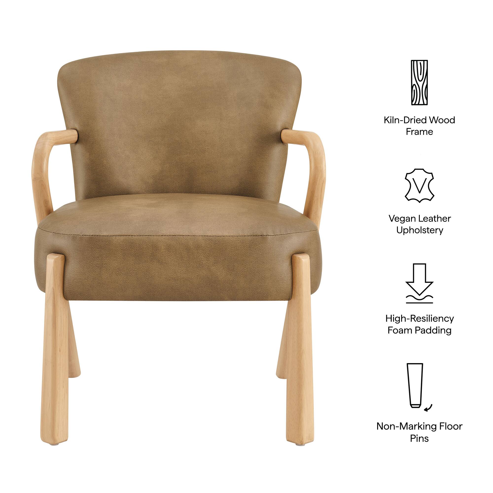 Kiln-Dried Wood Frame  
Vegan Leather Upholstery  
High-Resiliency Foam Padding  
Non-Marking Floor Pins
