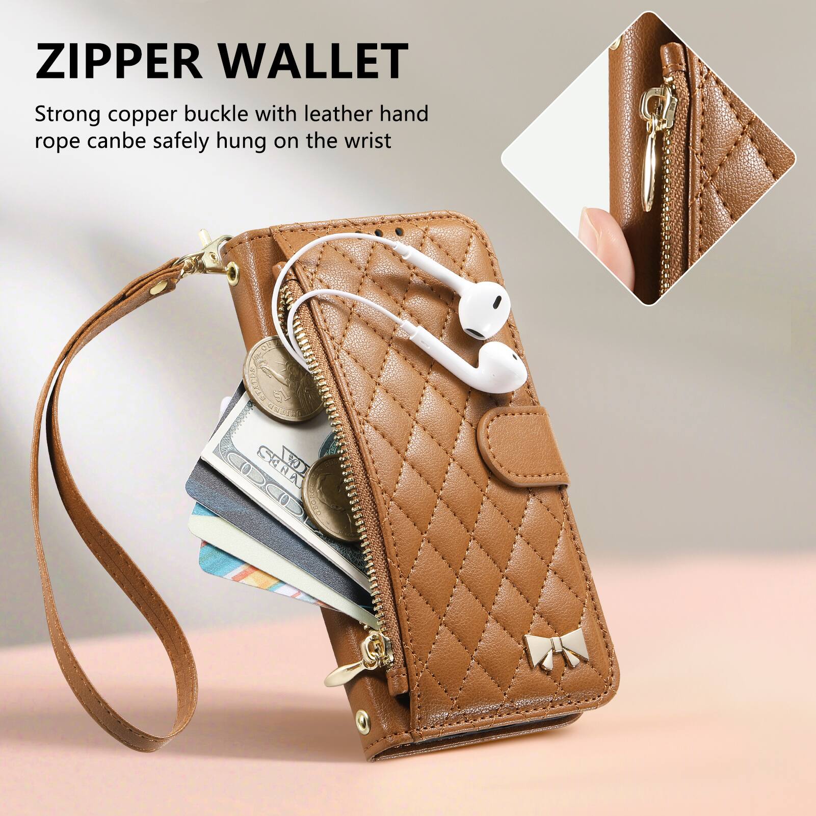 ZIPPER WALLET

Strong copper buckle with leather hand rope can be safely hung on the wrist