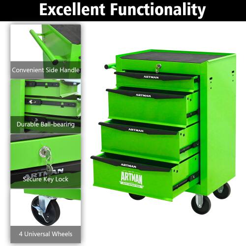 Excellent Functionality  
Convenient Side Handle  
Durable Ball-bearing  
Secure Key Lock  
4 Universal Wheels