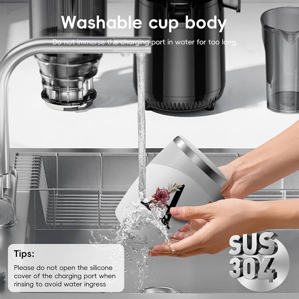 Washable cup body  
Do not immerse the charging port in water for too long.  

Tips:  
Please do not open the silicone cover of the charging port when rinsing to avoid water ingress  

SUS 304
