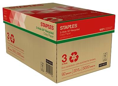 STAPLES  
3-Hole 30% Recycled Copy Paper  
100% Recycled  
3-Hole Eco-conscious—pre-punched for binders  
92 Bright  
20%  
5000 Sheets  
Letter Size (8.5" x 11")  
SKU: 581830